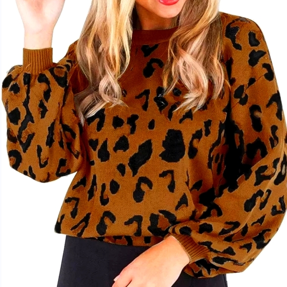 Merokeety Crew Neck Leopard Print, Balloon Sleeve knitted Sweater top. - Picture 1 of 3